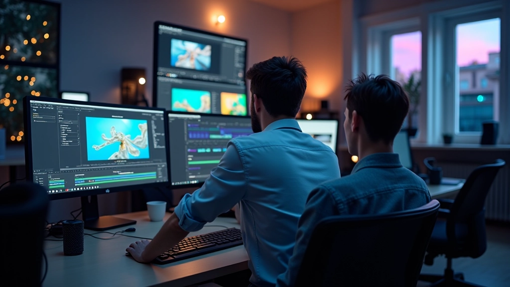 Estudio de animación profesional con computadoras y pantallas mostrando interfaces de software de edición de video
