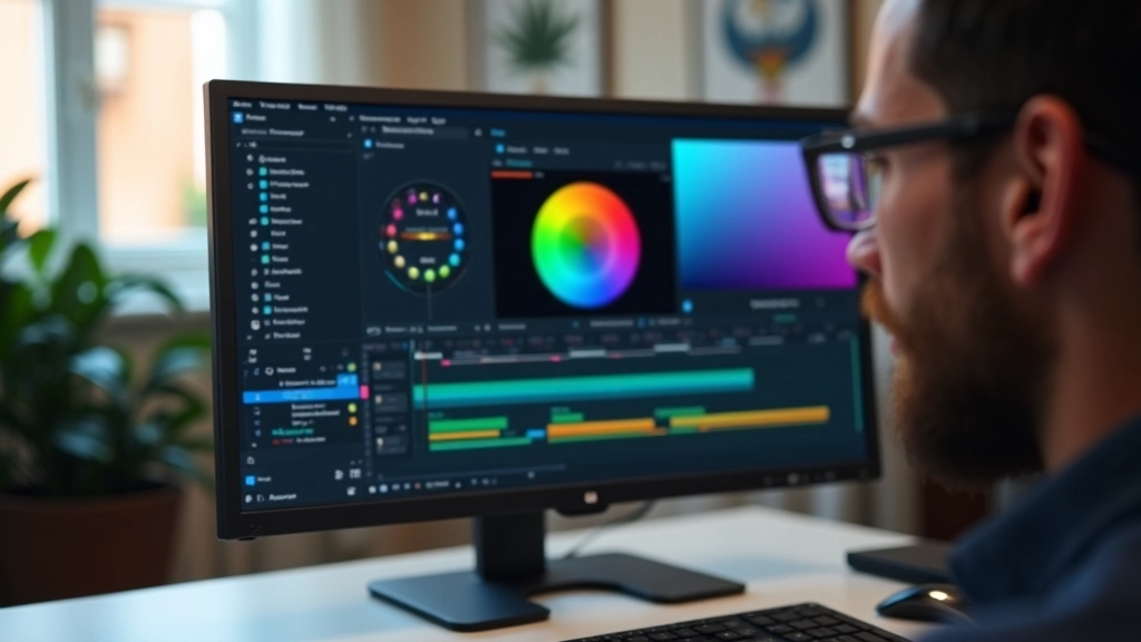 Pantalla de computadora mostrando ajustes de color y corrección de color en software de edición