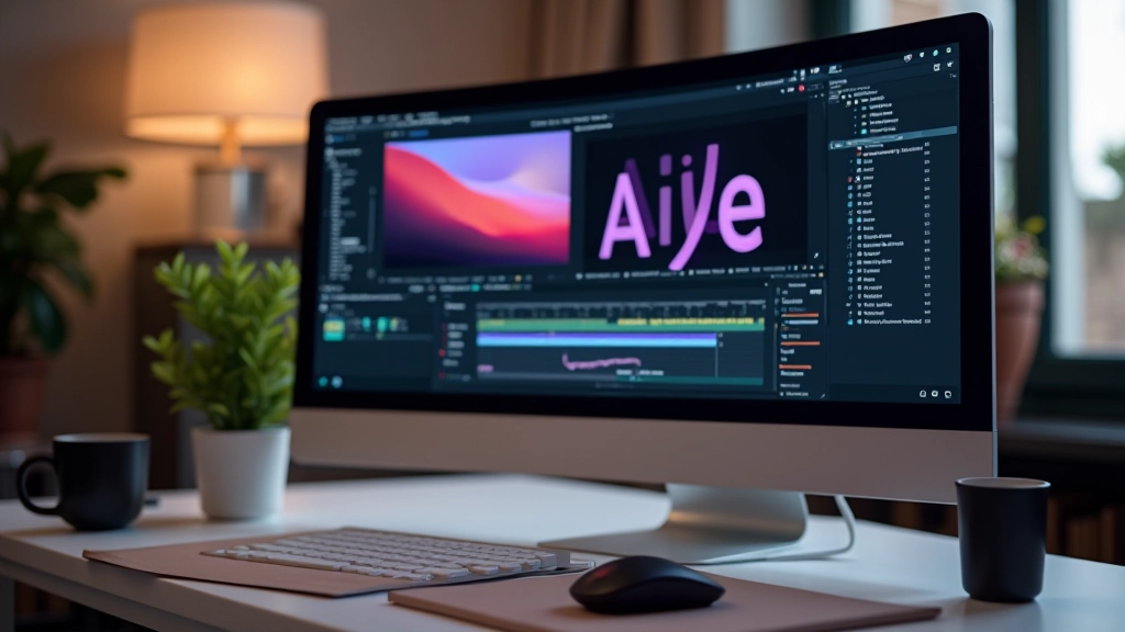Pantalla de computadora mostrando After Effects con proyecto de animación abierto, escritorio creativo con teclado y ratón