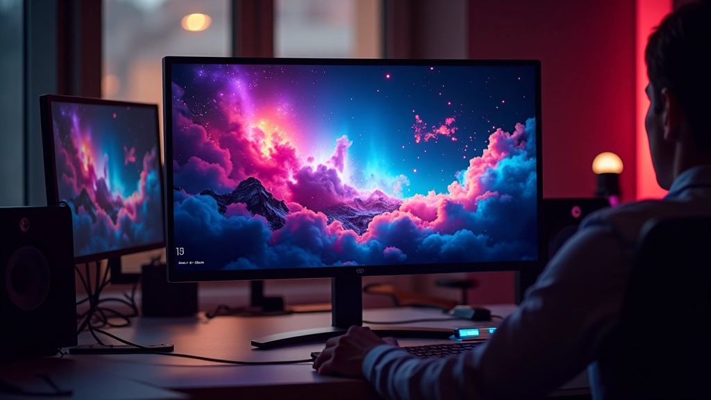 Pantalla de computadora con colores vibrantes y efectos visuales animados, ambiente de estudio creativo