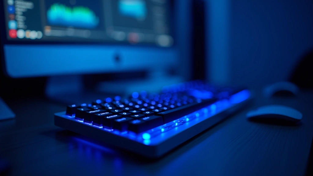 Teclado de computadora con teclas iluminadas, pantalla de fondo mostrando interfaz de software de edición