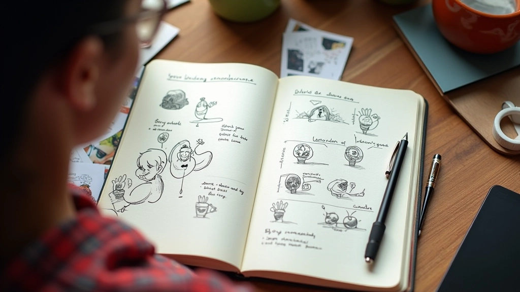 Cuaderno de notas abierto sobre escritorio con apuntes de animación y referencias visuales junto a bolígrafo
